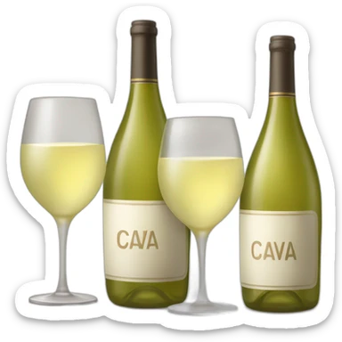 one big bottle with sign "CAVA" and two same clinking glasses of white wine sticker