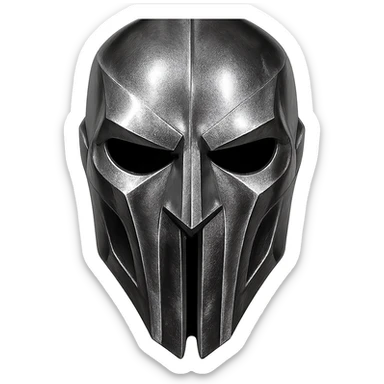 villain-style mask with metallic silver chrome finish inspired by gladiator helmets, high forehead, deep eye cutouts, long vertical nose bridge splitting into two bars past mouth, sharp angular symmetrical lines sleek intimidating look sticker