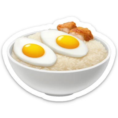 a bowl of rice with two eggs and chicken thigh sticker