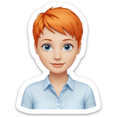27 year old white woman, orange hair, pixie cut, blue eyes,  wearing a white blouse sticker