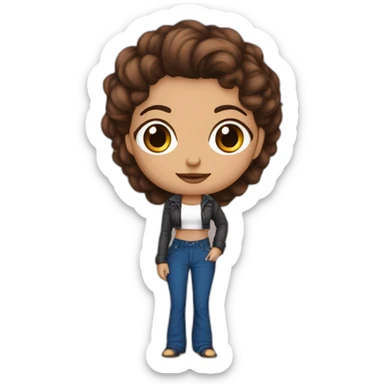 Persona pelo marron largo ligeramente rozado color de piel clara con ojos marrones labios finos nariz agileña top rosa y pantalon flare azul oscuro sticker