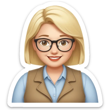 Plus size blonde woman wearing glasses and a vest, friendly smile sticker