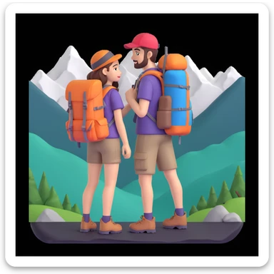 back packer couple posing, mountains in background,   close up pose sticker