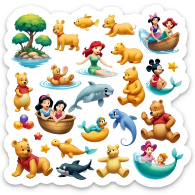 collage icon for animated movies: Include iconic characters like Goofy, Mickey Mouse, Winnie the Pooh, Ariel (The Little Mermaid), Jasmine, and others. Arrange them in a fun, vibrant scene full of playful elements. Bright, cheerful colors with a whimsical, animated style. Transparent background. sticker
