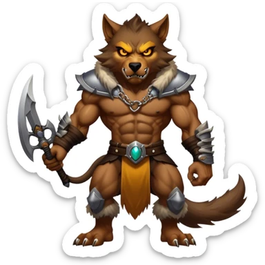 Cinematic Realistic WoW Worgen Portrait, captured in a dynamic, battle-ready stance, muscles rippling beneath his wild fur and tanned skin. His fierce, amber eyes and determined features, set against consistently detailed, worn leather attire, are rendered with dramatic natural lighting and high shine, embodying the raw, relentless fury of a worgen warrior in combat. sticker
