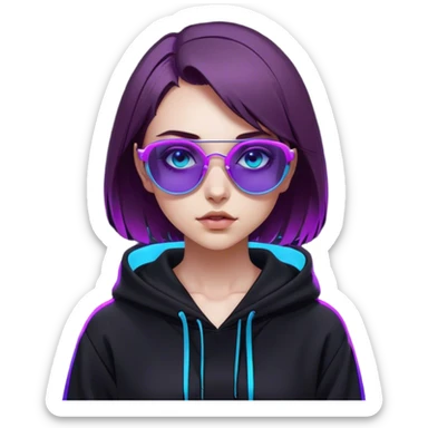 
girl with brown bob and blue eyes in a black hoodie and sunglasses. Cyberpunk style. Violet neon. sticker
