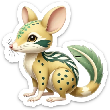 Tropical Exotic Colorful Beige-yellow, Jade-green, white specks, Floral Feathery Numbat-Bilby-Quoll-Furret-Fakémon-furry-fursona-creature (full body) with tribal markings sticker