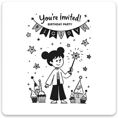 colorful magical themed birthday party invitation illustration with sparkles, wands, whimsical decorations, and the text: "You're Invited! Birthday Party at 100 Post St, San Francisco, May 10, 2025" sticker