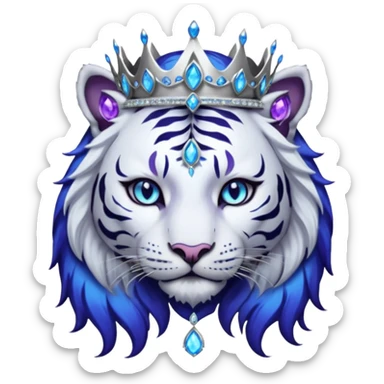 ESO Female white/black tiger khajiit leader of the umbral rose, glowing blue eyes, glowing blue 'third eye' gem; silver crown/tiara with purple gems  sticker