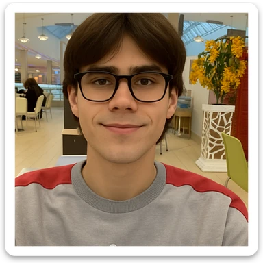 Dark-haired guy with hair to his earlobes, square black glasses, brown eyes, bufo style sticker