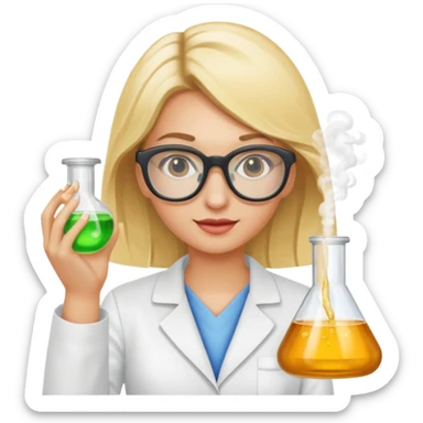 Eine hellblonde Chemikerin mit typischem Erlmeyerkoblben in der Hand und Chemiebrille auf sticker