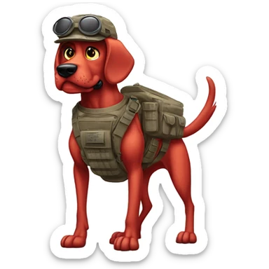 Desert storm humanoid Clifford the red dog muscled with tattoos on arms book illustration as a military call of duty character standing alone with submachine  sticker