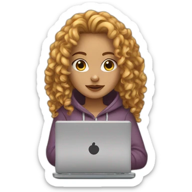 a white tenage curly girl wearing a hoodie working on a laptop sticker