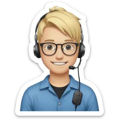 blond hair teen boy pony tail undercut with tattoo on his neck, wearing glasses, strong built, smile warmly with headphone sticker