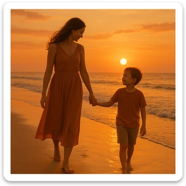 A mother and son walking hand in hand at the beach during sunset, warm colors, peaceful atmosphere sticker