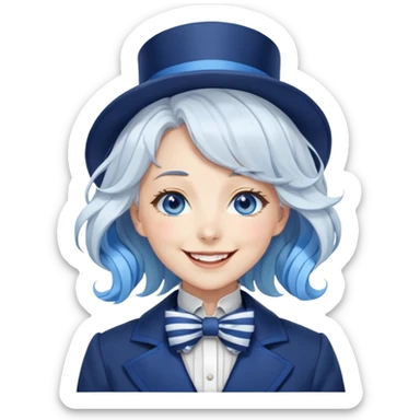 Beautiful gorgeous anime lady with white wavy hair with thin blue stripes, blue eyes, blue short top hat with a blue bow tie, smug grin, laughing, happy, blue coat, blue cravat, white gloves sticker