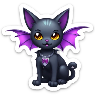   cool edgy kawaii ethereal dark-punk-themed animal vampiric cat-hybrid Fakemon with fangs and bat-wing-ears with a collar full body sticker