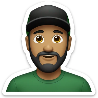 brown man with a dark beard, dark eyes, dark green t-shirt and a BLACK BLACK cap sticker