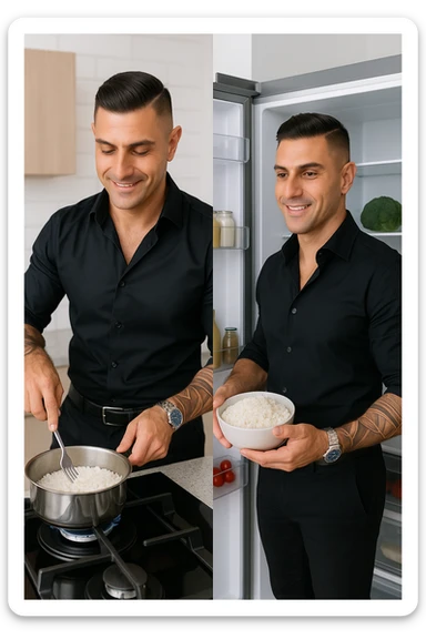 Uomo che cucina riso e mette la ciotola poi nel frigo sticker