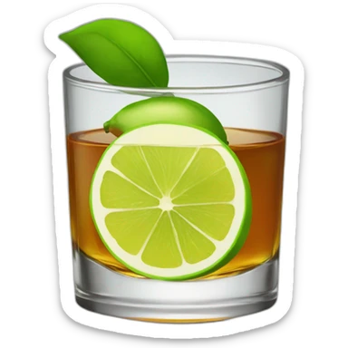 A single whiskey shot with a single slice of green lemon piece sticker