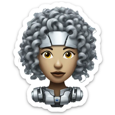 Silver curly hair female cyborg head with mask and circuits sticker