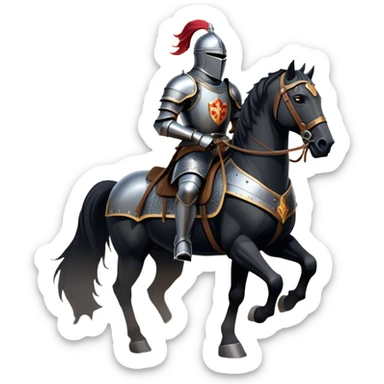 clash-of-clans-aesthetic_-cinematic-fearsome-and-majestic-knight-bust-portrait-emoji, rendered in a flat, vector-style with minimal shading and bold, simplified shapes, depicting a battle-ready medieval knight with steely eyes and intricate armor, riding on a black warhorse looking regal reflecting sunlight over a misty battlefield. sticker