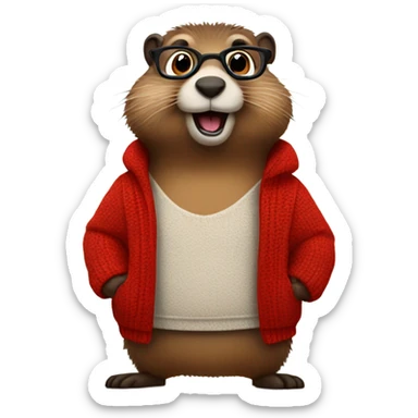 cute groundhog in a fully red sweater and glasses full body shown sticker
