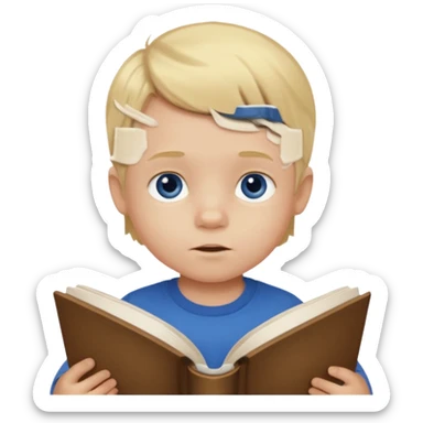 Dirty blonde toddler boy with dark blue eyes with book indoors sticker