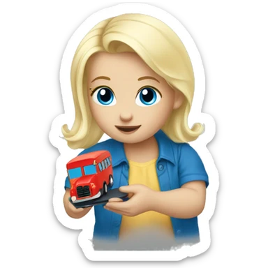 Baby Blonde hair blue eye playing with toy bus sticker