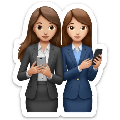 two brown haired girls, looking professional maybe leaned on each others back and looking forward and using phones, with long hair and one girl can hold lap top another one can hold the phone, professional clothes, more stylish sticker