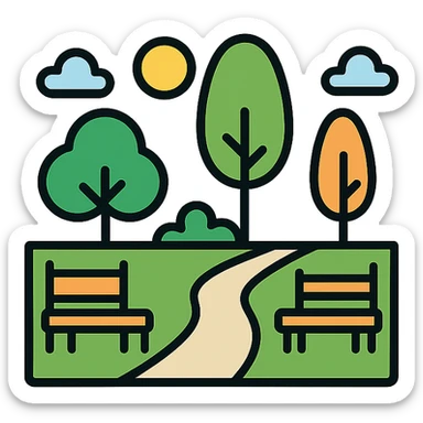 peaceful park landscape with various trees and benches, bright and warm colors, simple style sticker