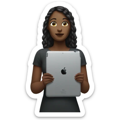 white woman standing with ipad sticker