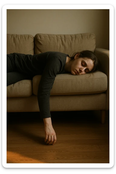 Empathetic photorealistic shot of a woman collapsed on a sofa, her body completely limp as if made of lead. One arm hangs off the edge, touching the floor. Her eyes are closed, face pale with dark circles. The afternoon light is warm but fails to energize the scene, emphasizing her profound exhaustion. sticker