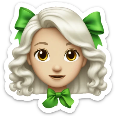 pale girl with long platinum white wavy hair with bright green eyes and wearing a black hair bow sticker