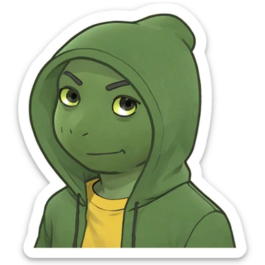 bright and expressive male visionary, fair skin, tousled golden hair, wide joyful eyes, wearing a green hoodie over a yellow tee, one hand raised with a glowing lightbulb, waist-up, front-facing sticker