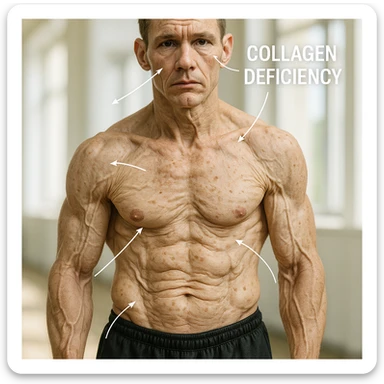 hyper realistic young bodybuilder with signs of premature aging due to low collagen, sculpted muscles, sagging skin and spots, arrows showing collagen deficiency, bright environment sticker