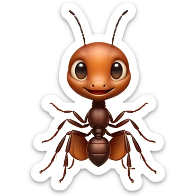 Cinematic Cute Ant Portrait Emoji, Head tilted playfully and inquisitively, featuring a minuscule, charming body with a delicately textured exoskeleton and round, sparkling eyes brimming with curious mischief, Simplified yet irresistibly adorable features, highly detailed, glowing with a warm, inviting earthy glow, high shine, affectionate and lively, stylized with a touch of whimsical industrious charm, soft glowing outline, capturing the essence of a mischievous ant that seems as if it could scurry out of the screen into your arms! sticker