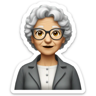 old lady grey glasses, Dark grey afrohair with a tan sticker