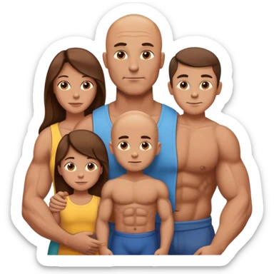 Muscular Bald man with his wife long brown hair and 3 boys sticker