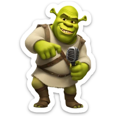 Shrek with a microphone in his hand listens to the donkey sticker