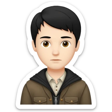 A white boy with black hair, wearing old clothes and a beautiful style sticker