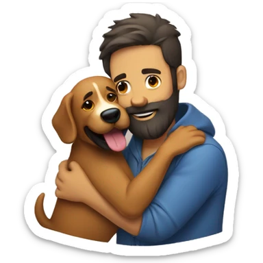 A bearded man hugs a vestik dog sticker