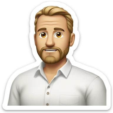 middle aged english man, short slicked back hair dark blonde, dark blonde medium length size full beard, wearing only a plain white smart shirt unbuttoned. sticker
