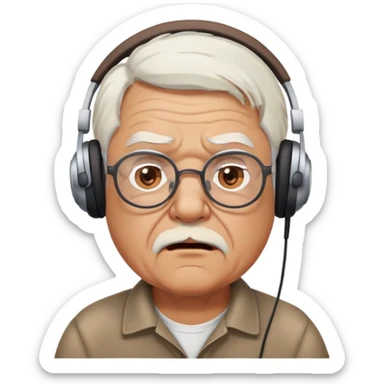 Brown old man with medium white hair, wearing glasses and headphones, looking surprised and angry, no facial hair, chubby, looking to the upper left corner sticker