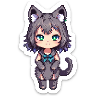 cat girl, pixel art style, chibi proportions, simple background, cat ears, playful sticker