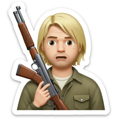 Kurt Cobain thoughtfully holds a double-barreled shotgun aimed at his open mouth. sticker