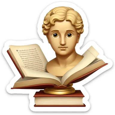 An icon featuring a classical bust, a book, and a question mark, symbolizing philosophy. The design includes a scroll with ancient text, evoking deep thought and intellectual inquiry. Transparent background highlights the search for knowledge and meaning sticker