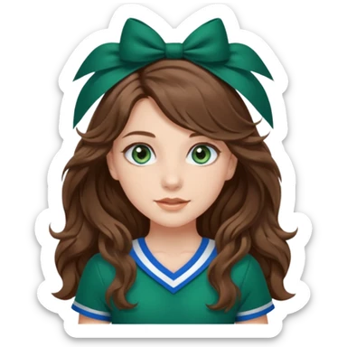 A pretty girl with BLUE EYES, brown long wavy hair, and wear green Hawkins cheerleader uniform sticker