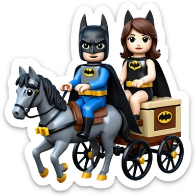  Ultra cute  Lego detailed 1854 Batman and pretty Catgirl driving dream horse drawn Caravan alone at romantic trails in the woods  sticker