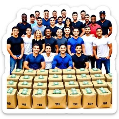 Internet celebrities Lewis Howes, Gary Vee, Tristan Tate, Tai Lopez, Josh King Madrid, Alex Hormozi, Iman Gadzhi, Branden Condy, Patrick Bet-David, Luke Belmar, Cardone, Shelby Sapp, Leila Hormozi, Tefi Valenzuela, celeb, Russell Brunson, partners, marketing, bags of cash sticker